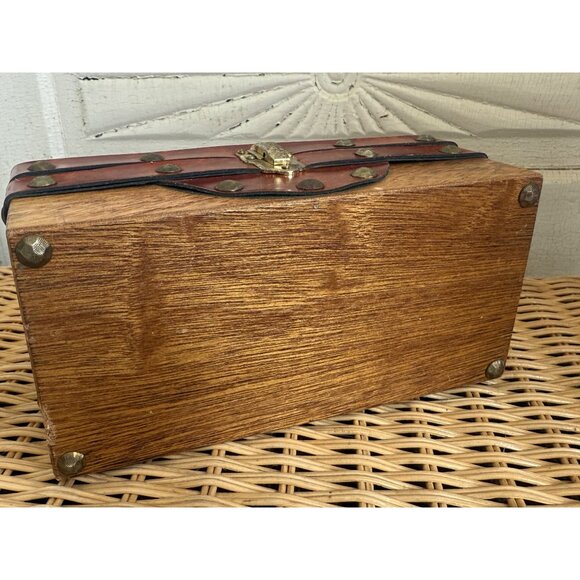 Vintage 50's Mr R Wood Leather Box Purse Treasure Chest - Picture 5 of 16